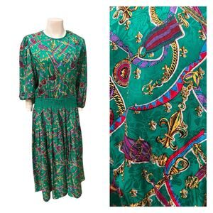 Vintage 1980s Diane Freis Emerald Green Silk Dress Baroque Scarf Print –